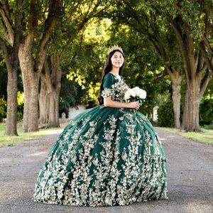 Emerald green with gold quinceñera dress / quince dress / crinolina / crown